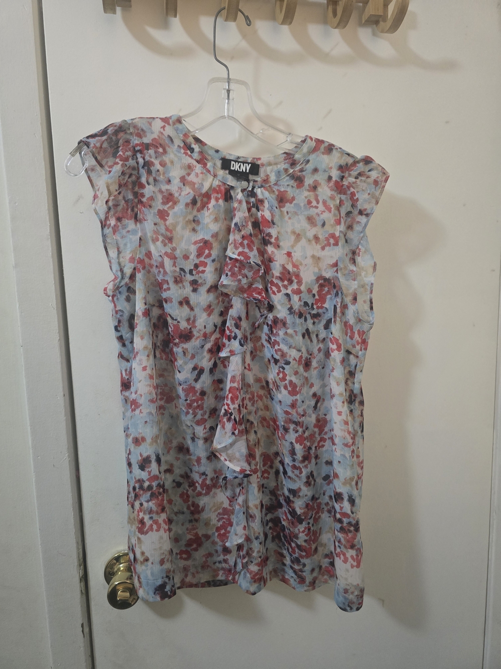 DKNY Floral Cascading Ruffle Sleeveless Blouse Top Size L